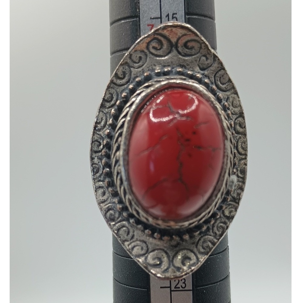 Vintage Red Stone Statement Ring Silver Tone Boho Southwestern Size 8.5